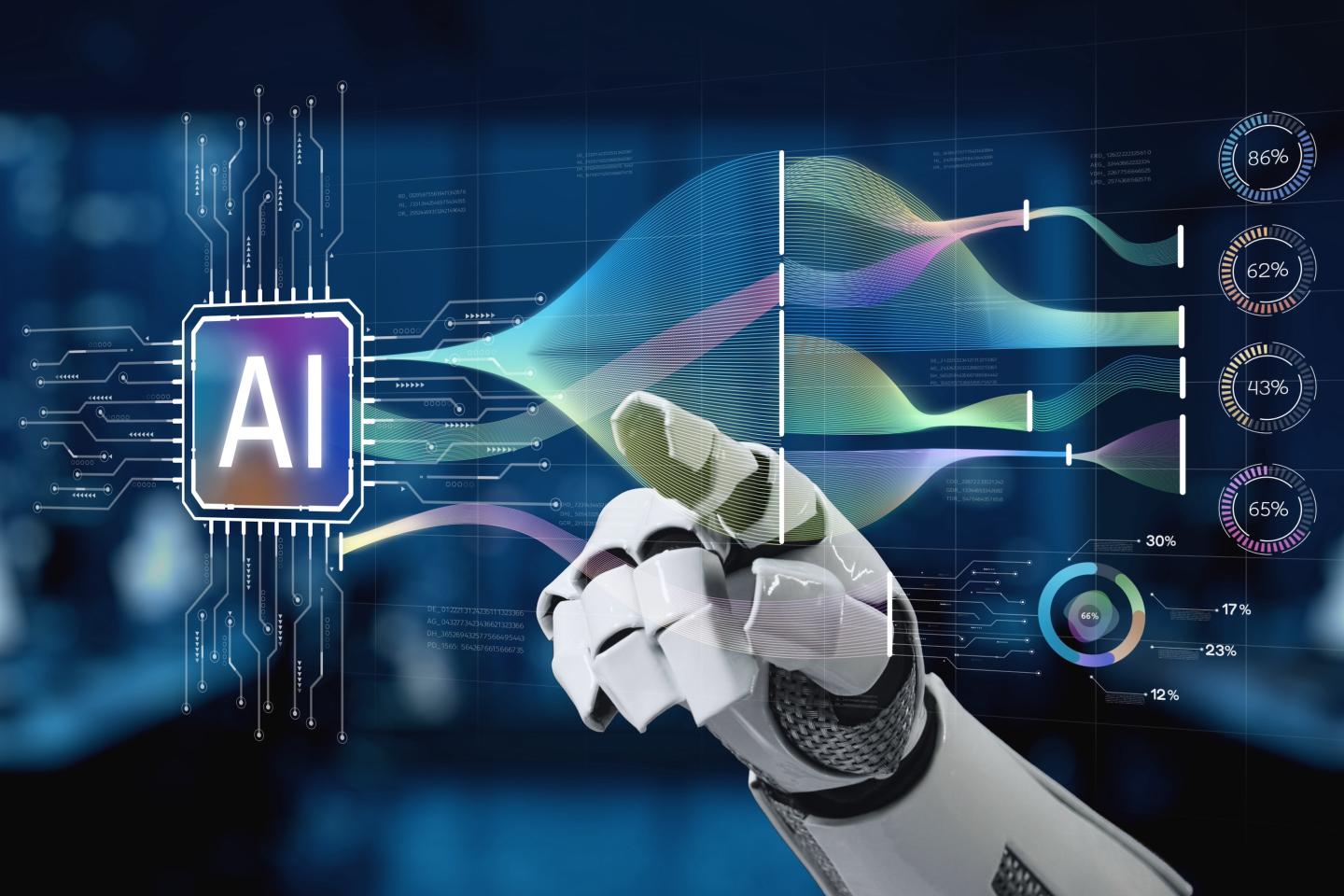 A detailed representation of a robotic hand interacting with an AI interface, showcasing vibrant data visualizations and modern technological advancements in a digital workspace.