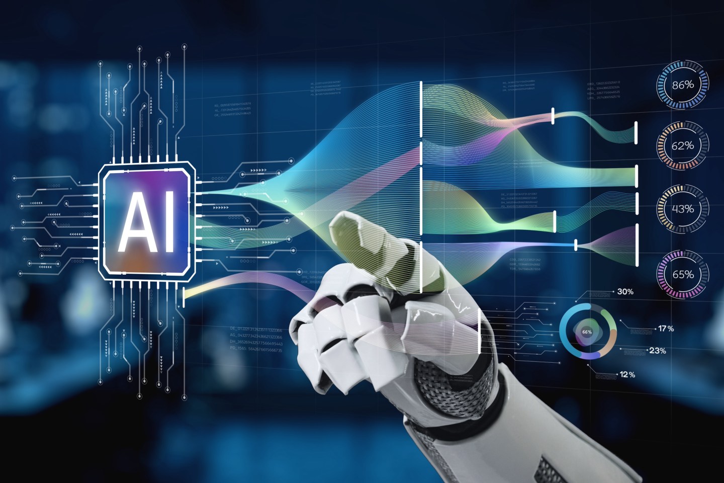 A detailed representation of a robotic hand interacting with an AI interface, showcasing vibrant data visualizations and modern technological advancements in a digital workspace.