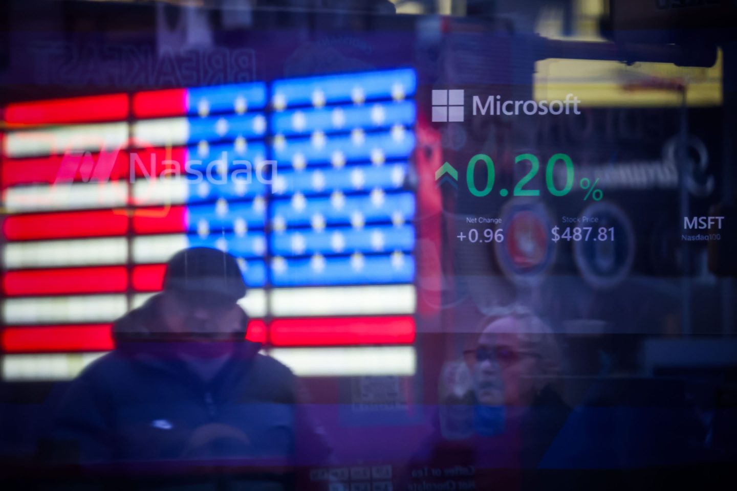 Microsoft Corp. signage at the Nasdaq MarketSite in New York, US, on Wednesday, Dec. 24, 2025. A relatively quiet session on Wall Street before Christmas saw stocks hitting all-time highs, with more signs the jobs market is not quickly deteriorating supporting bets on a soft economic landing. Photographer: Michael Nagle/Bloomberg via Getty Images