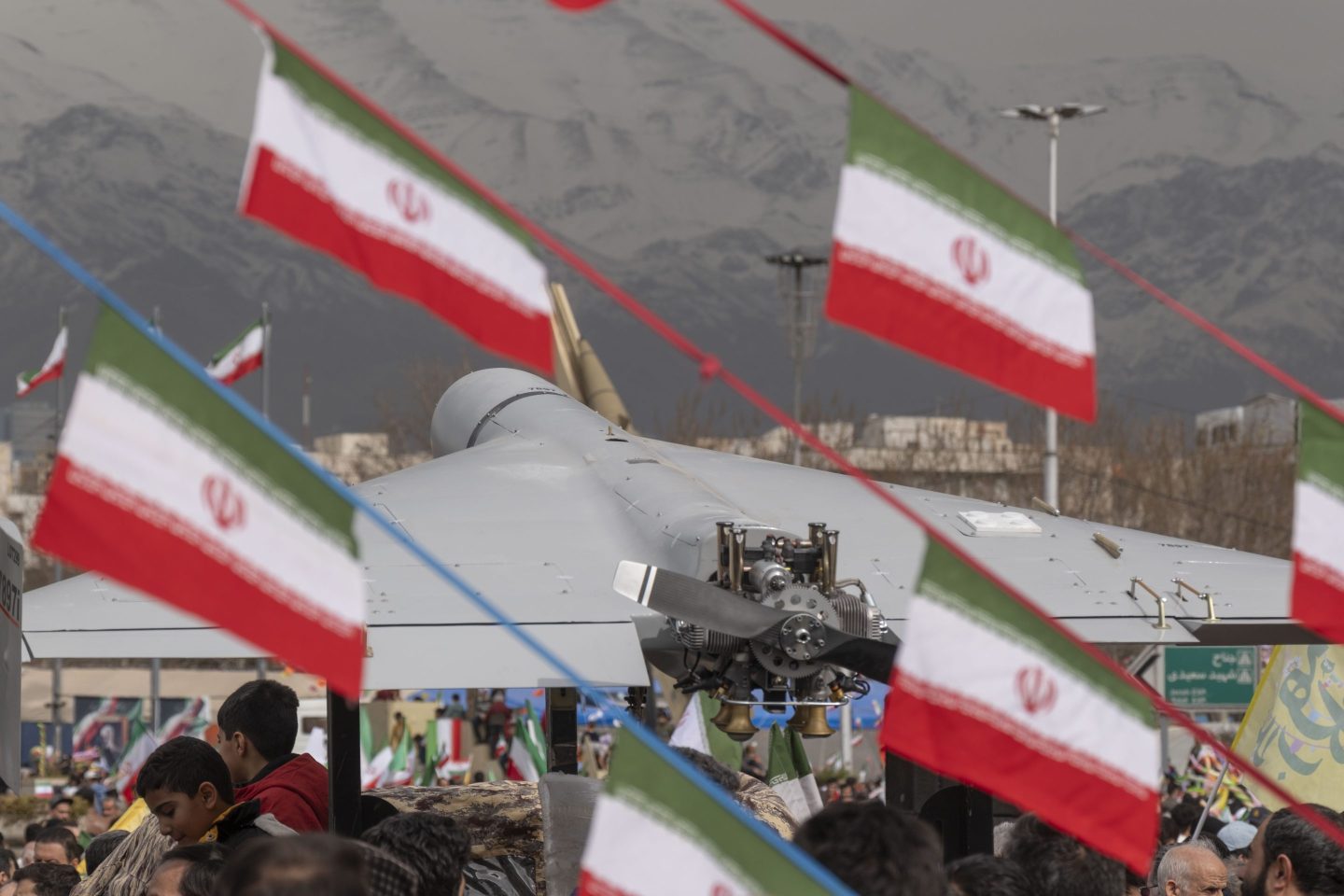 An Iran-made unmanned aerial vehicle (UAV), the Shahed-136, is displayed in a rally commemorating the 47th anniversary of the Islamic Revolution's victory in Azadi (Freedom) Square in western Tehran, Iran, on February 11, 2026. (Photo by Morteza Nikoubazl/NurPhoto via Getty Images)
