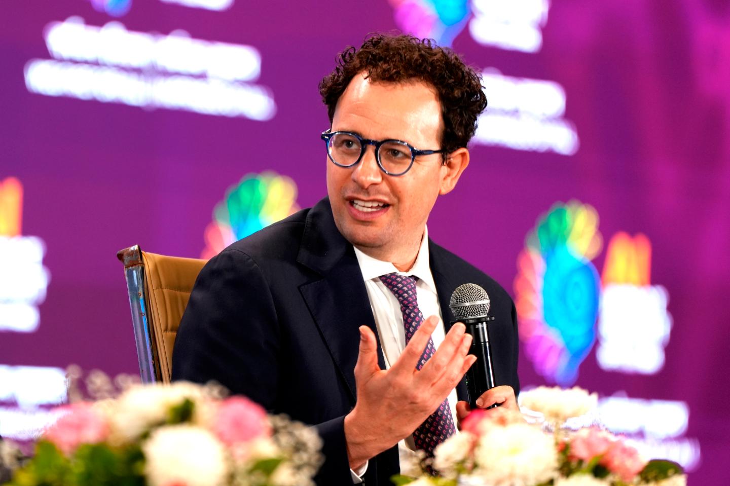 Dario Amodei, chief executive officer of Anthropic, at the AI Impact Summit in New Delhi, India, on Thursday, Feb. 19, 2026.