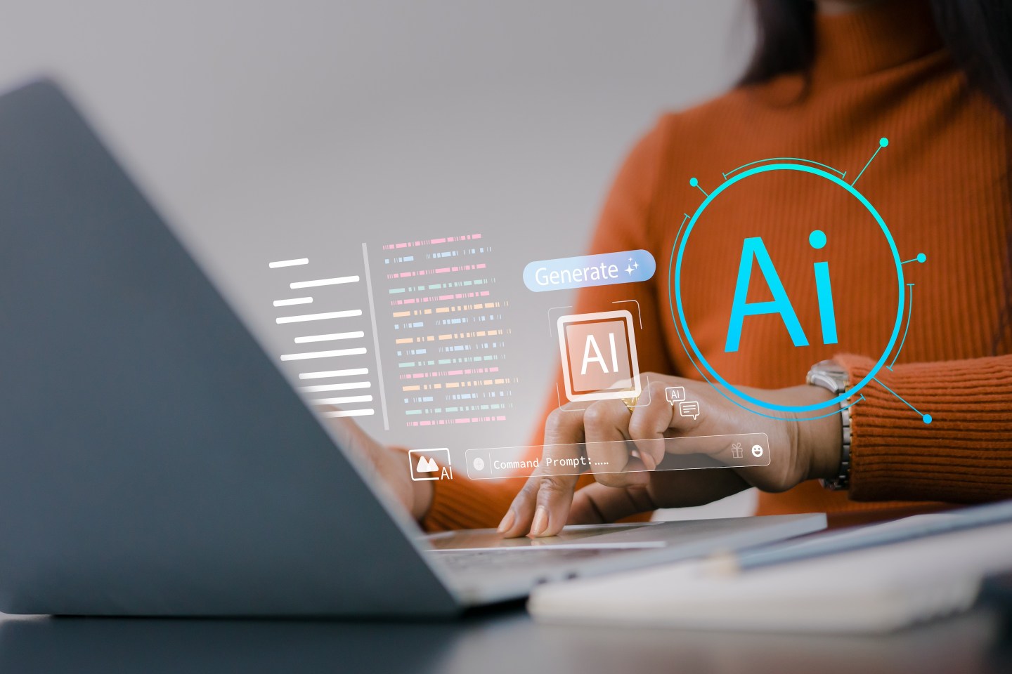 Close up of woman using laptop with AI generative technology interface. Content creator typing command prompts and text using artificial intelligence in modern office.