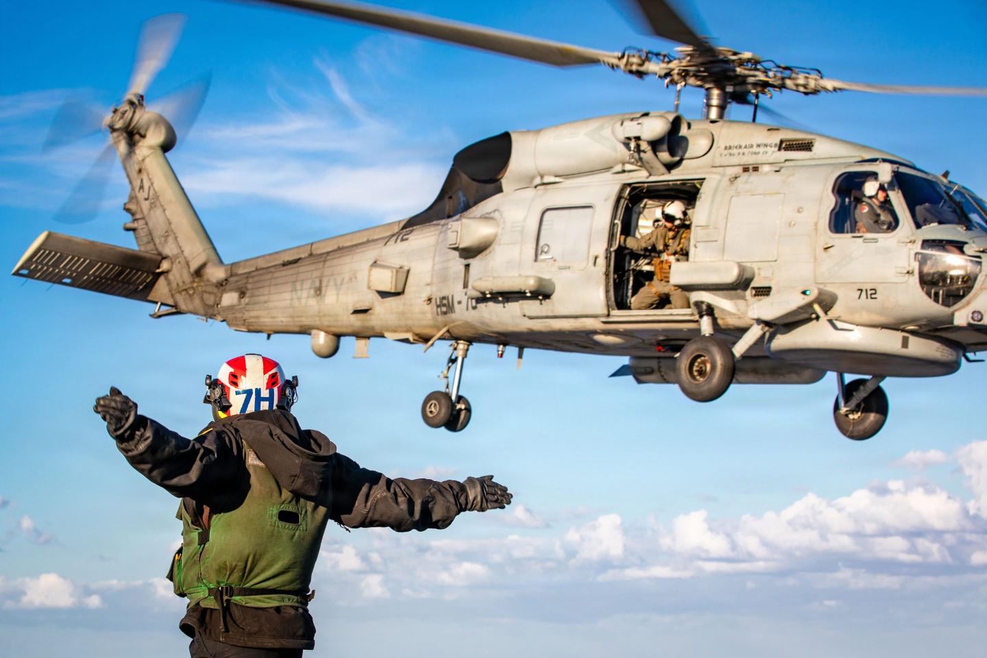 An MH-60R Sea Hawk helicopter, attached to Helicopter Maritime Strike Squadron 70, on the flight deck of the USS Gerald R. Ford (CVN 78) on February 28, 2026.
