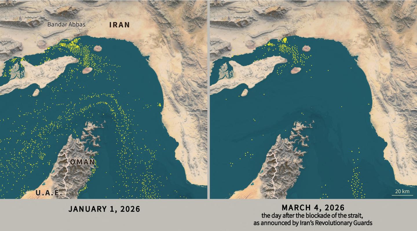 Photo: Infographic with map showing the Strait of Hormuz, locating floating objects (generally boats) captured by the Sentinel-1 radar satellite, before and after the announcement of the blockade of the strait by the Iranian Revolutionary Guard, according to an AFP analysis (Graphic by Valentin RAKOVSKY and Julie PEREIRA / AFP)