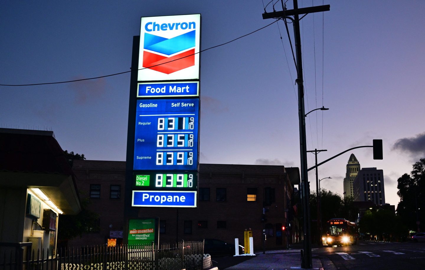 Gas prices read $8.31 per gallon for regular, $8.35 per gallon for plus, and $8.39 per gallon for supreme and diesel.