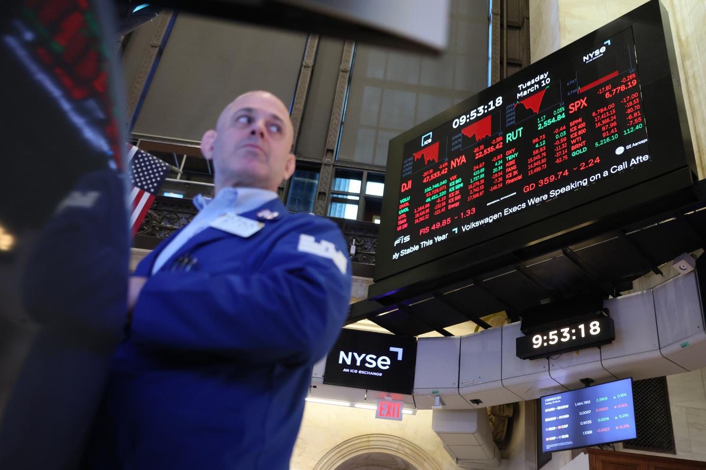 Stock market numbers are displayed as traders work on the floor of the New York Stock Exchange