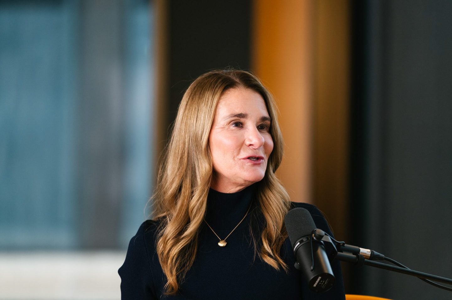 Melinda French Gates, founder of Pivotal Ventures, during an interview for the "Leaders with Francine Lacqua" podcast in London, UK, on Friday, Oct. 3, 2025. "Just as I was feeling a little bit diminished in the conversation," Gates said, "I learned to lean forward into that uncomfortable space." Photographer: Jose Sarmento Matos/Bloomberg via Getty Images