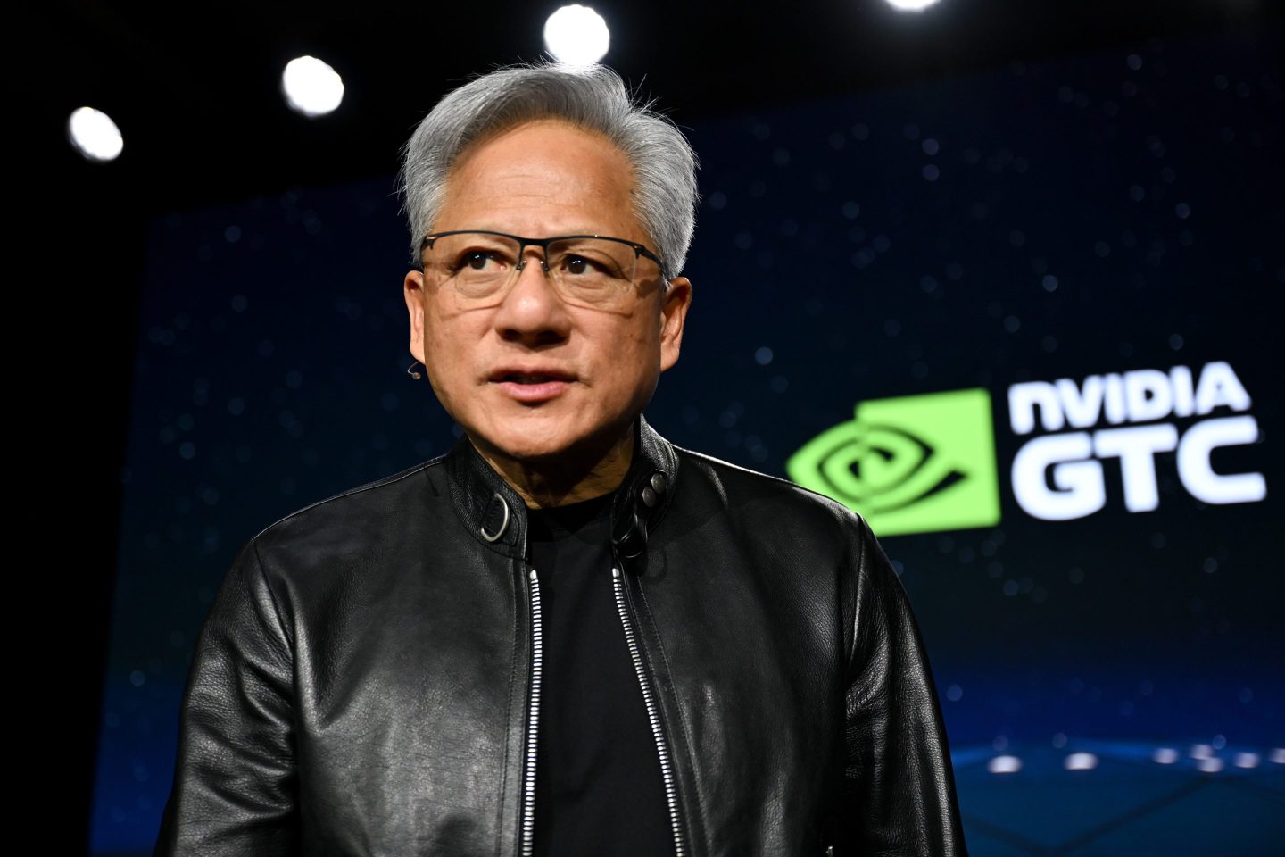 Jensen Huang looks to his right while onstage at Nvidia GTC.