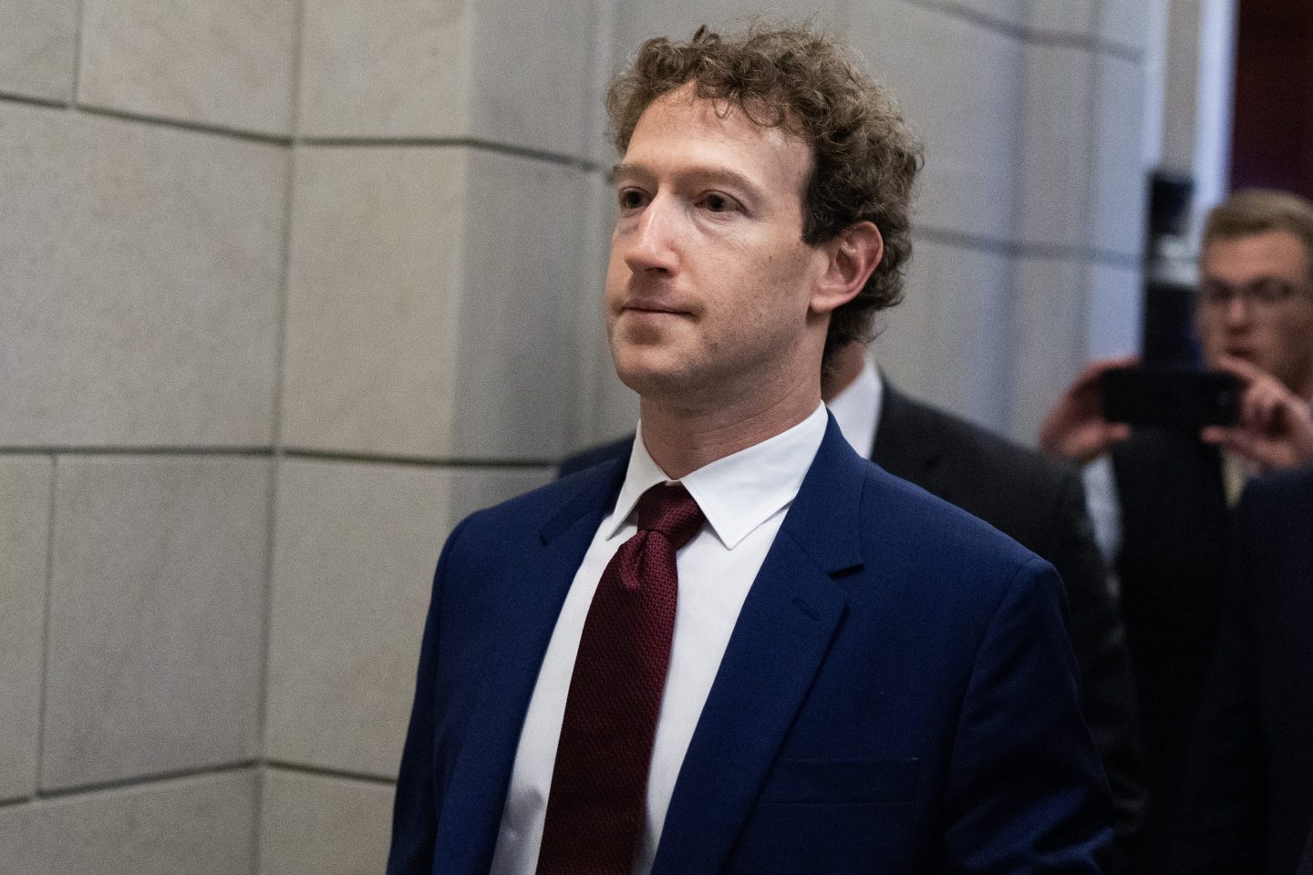 UNITED STATES - MARCH 26: Mark Zuckerberg, CEO of Meta, is seen in the U.S. Capitol after a meeting in the office of Senate Majority Leader John Thune, R-S.D., on Thursday, March 26, 2026. (Tom Williams/CQ-Roll Call, Inc via Getty Images)