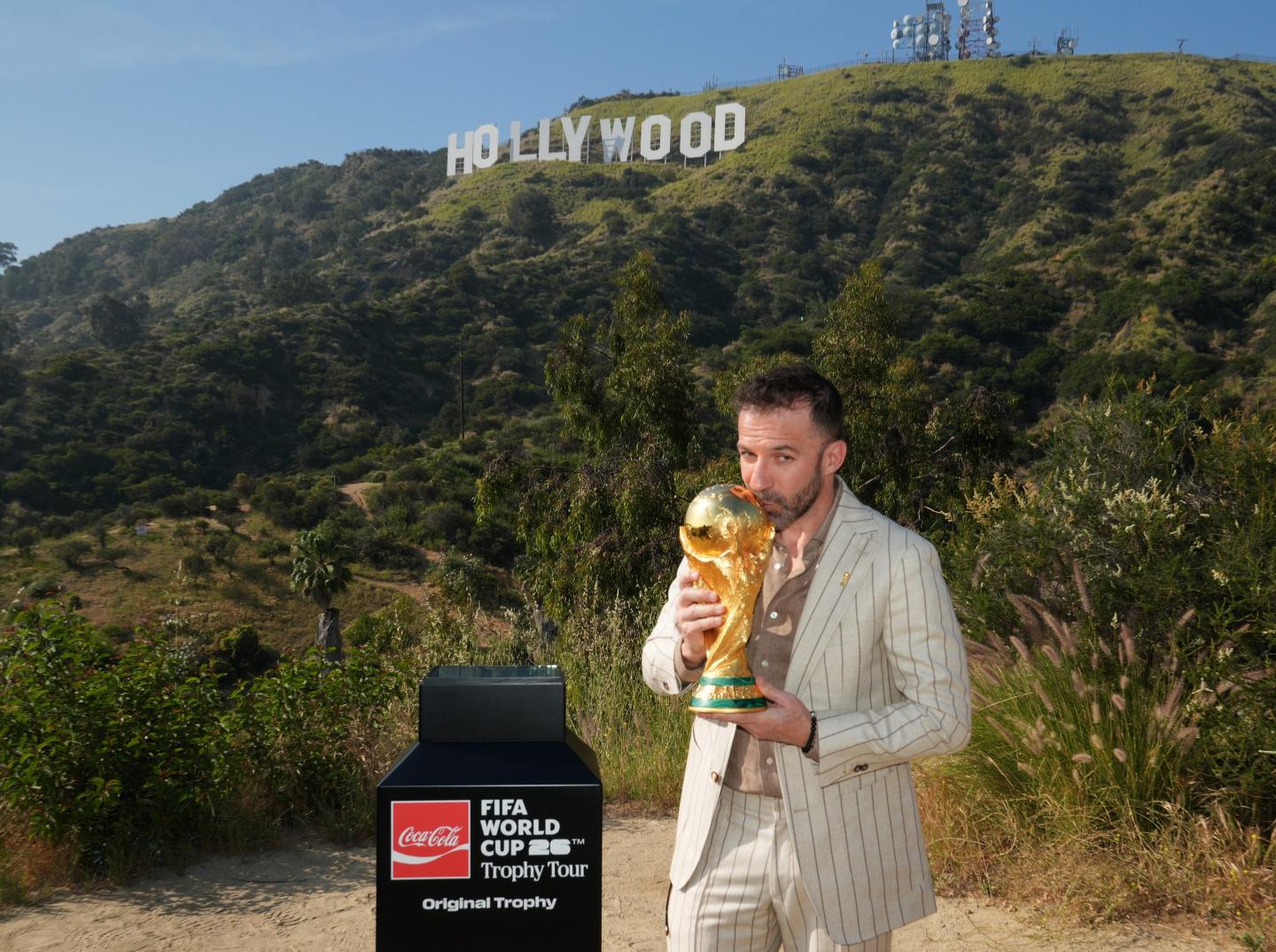 Alessandro Del Piero, FIFA Legend, poses with the FIFA World Cup™ Trophy during the FIFA World Cup™ Trophy Tour by Coca-Cola at the Hollywood Sign on March 23, 2026 in Hollywood, California.