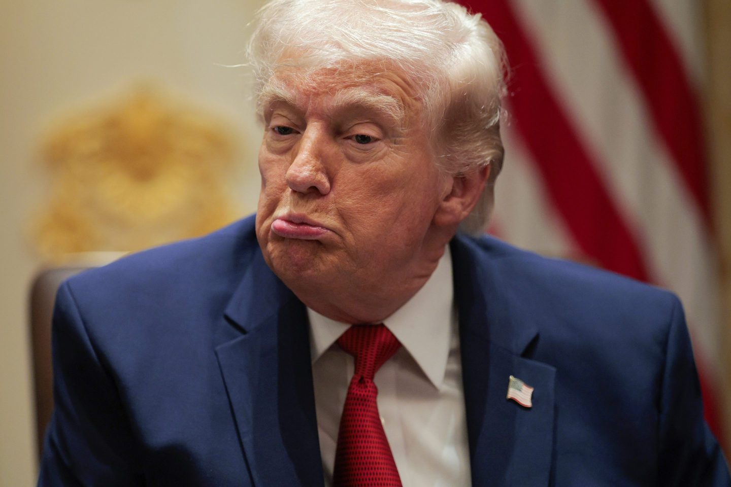 U.S. President Donald Trump reacts during a Cabinet meeting in the Cabinet Room of the White House on March 26, 2026 in Washington, DC.