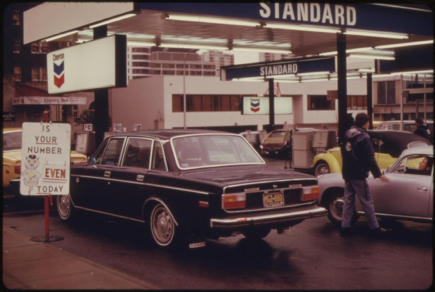 1970s car waiting for gas during the gas crisis of the 1970s.