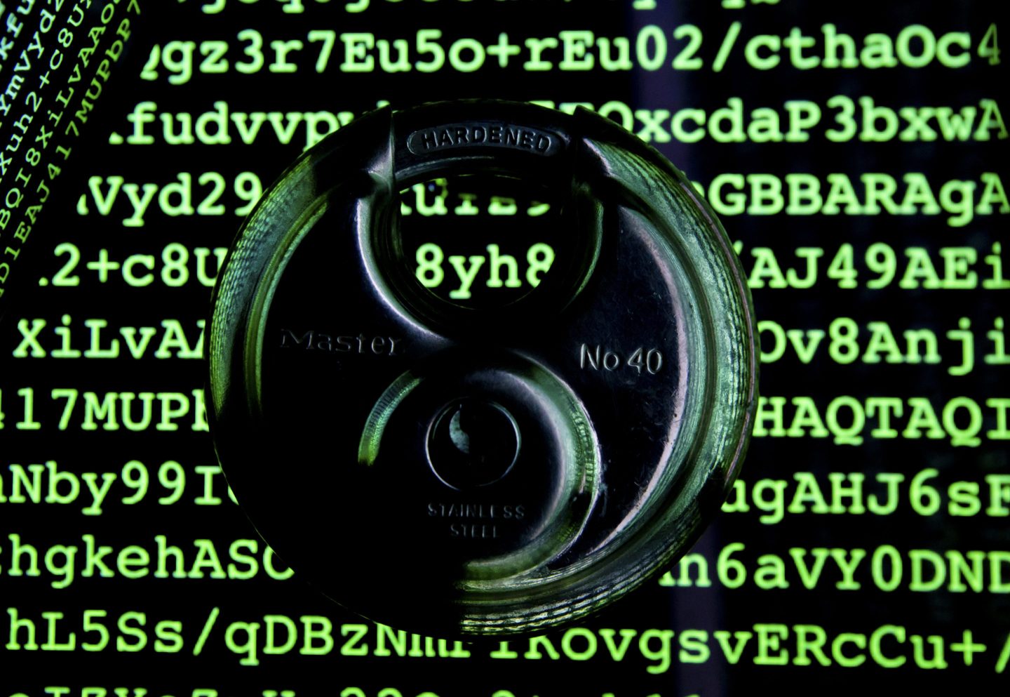 matrix style green screen of text behind a physical deadbolt