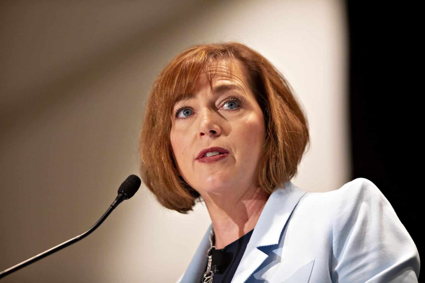 Jennifer Scanlon, then CEO of USG Corp and now CEO of UL Solutions, speaking at a a Women's Leadership series event at the Chicago Executives' Club in Chicago, Illinois, U.S., on Tuesday, June 12, 2018.