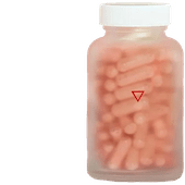 A closeup of a transparent bottle of pink Wisp prenatal vitamins