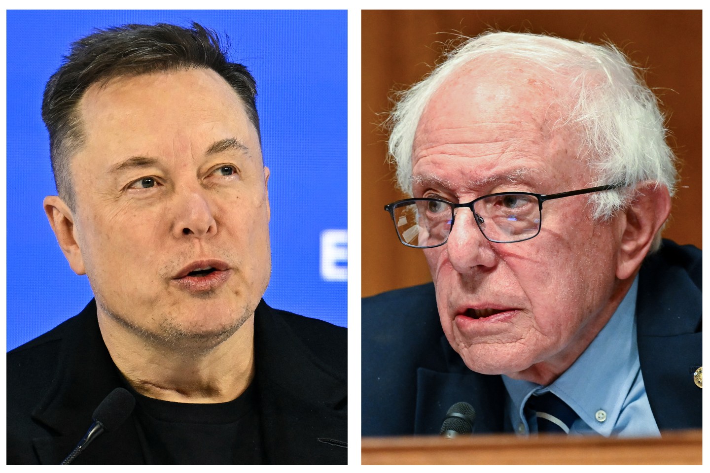 Photos of Elon Musk (left) and Sen. Bernie Sanders