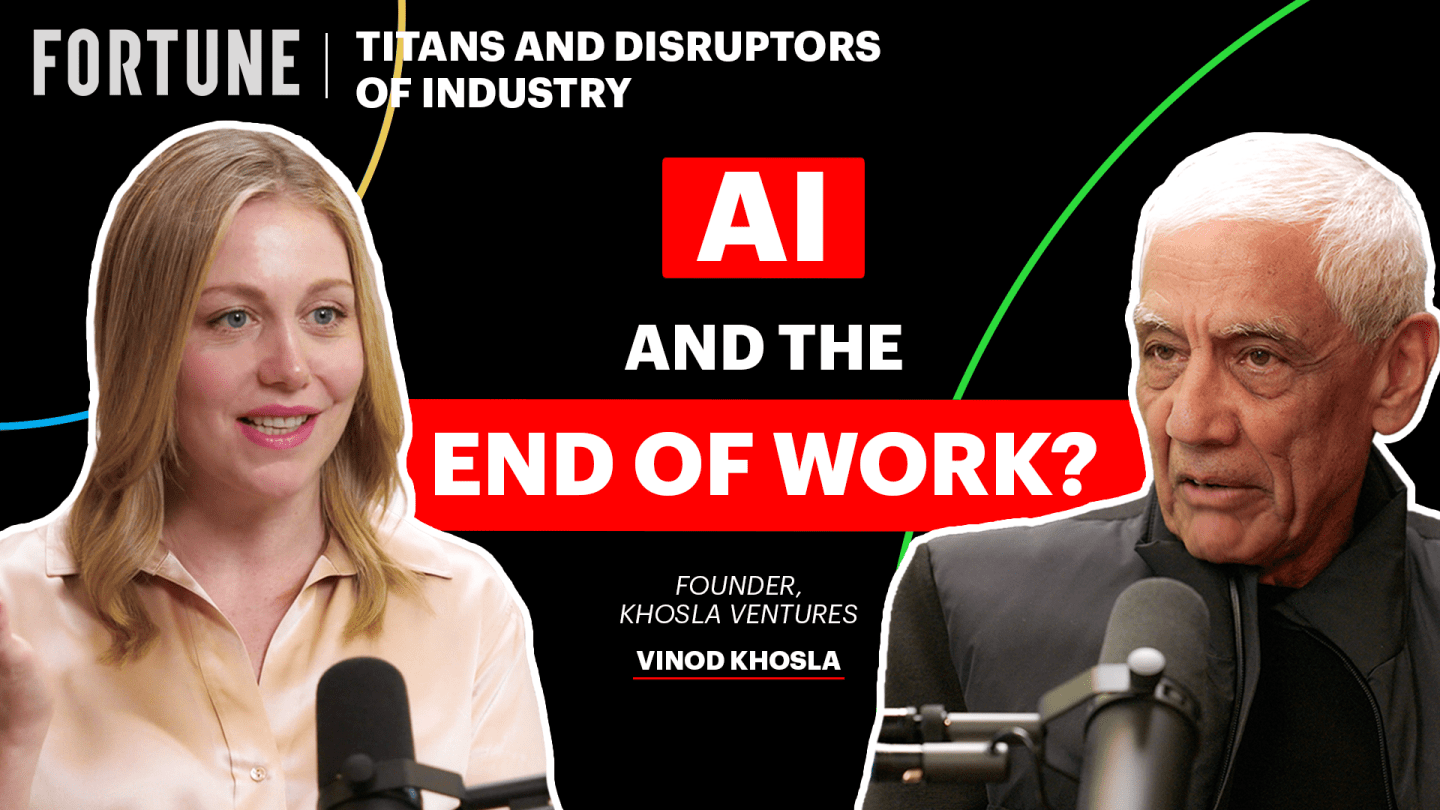 Fortune Editor-in-Chief Alyson Shontell and Khosla Ventures Founder Vinod Khosla: Graphic for Fortune 500 Titans and Disruptors of Industry podcast. Episode title: "AI and the end of work?"