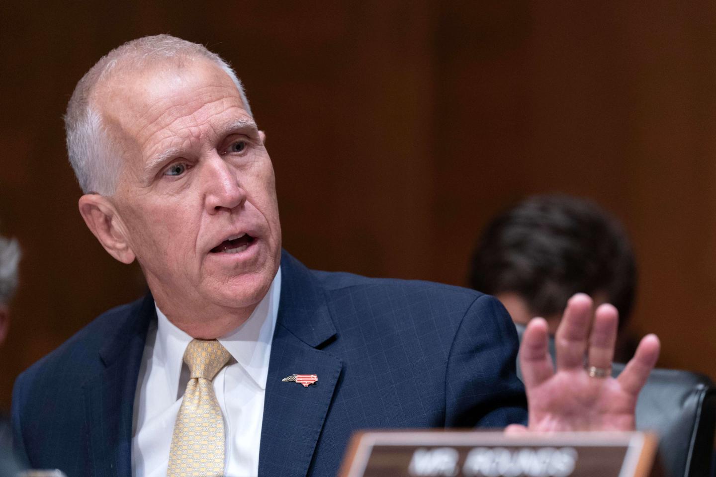 Sen. Thom Tillis, R-N.C., speaks during the confirmation hearing of Kevin Warsh, nominee for Federal Reserve chair, on Capitol Hill, in Washington Tuesday, April 21, 2026. 