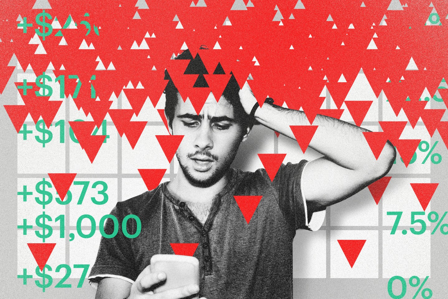 A young man looks at his phone, and a flurry of red arrows point downwards.