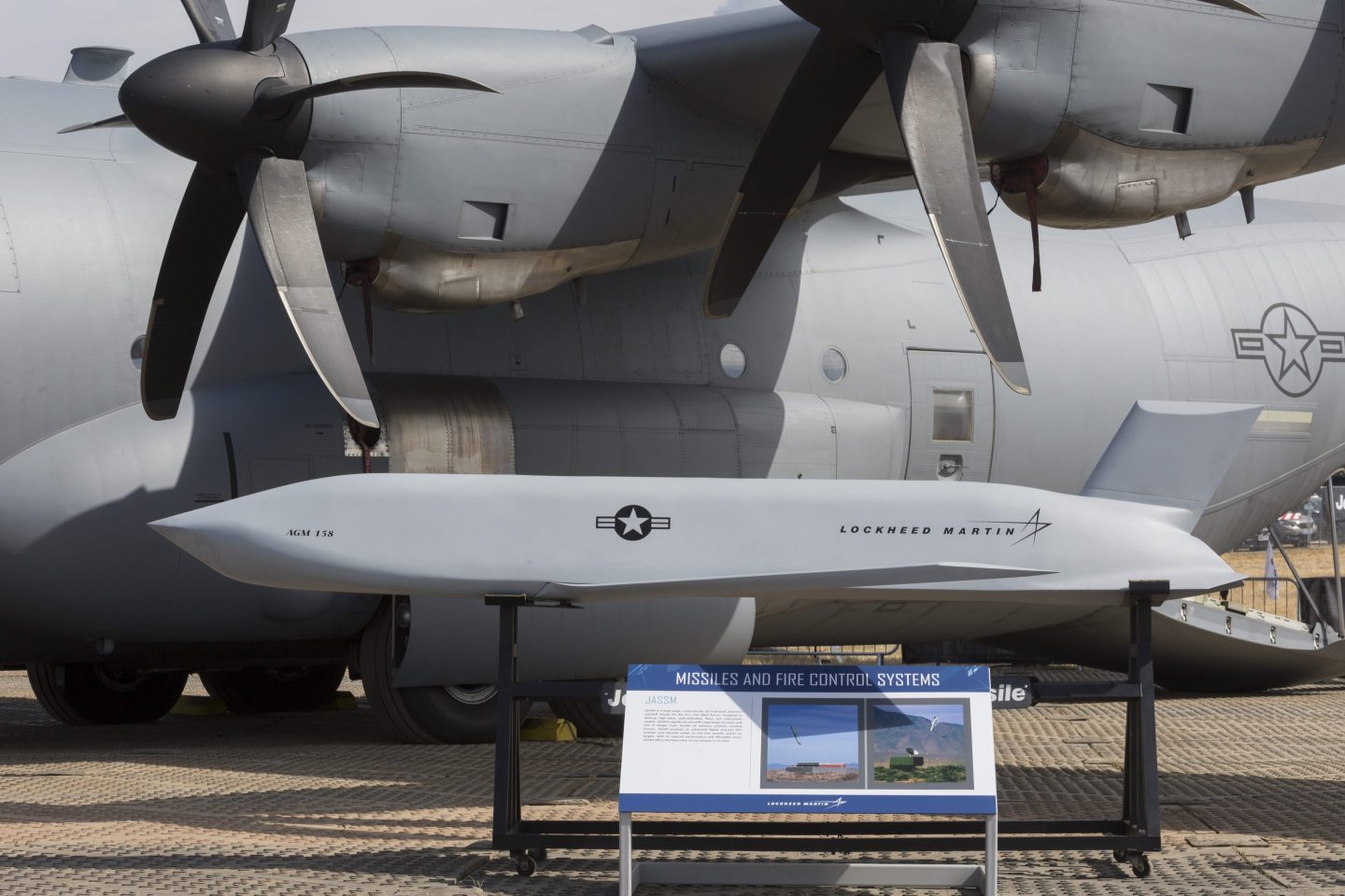 The propellers of a C-130 Hercules and a Lockheed Martin JASSM cruise missile exhibit at the Farnborough Airshow, on 16th July 2018, in Farnborough, England. The AGM-158 JASSM (Joint Air-to-Surface Standoff Missile) is a low observable standoff air-launched cruise missile developed in the United States. It is a large, semi-stealthy long-range weapon of the 2,000 pounds (910 kg) class. (Photo by Richard Baker / In Pictures via Getty Images Images)
