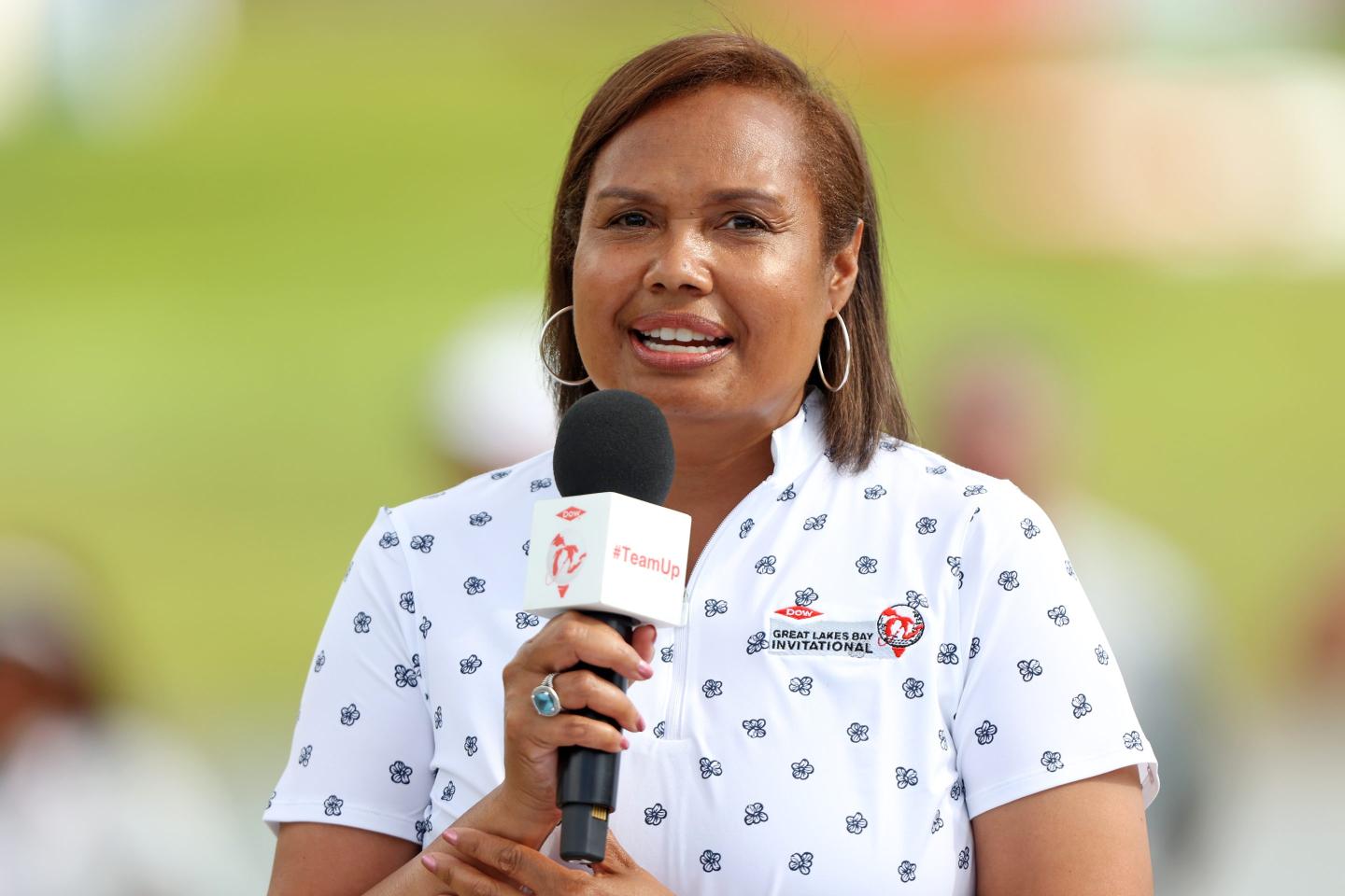 Karen S. Carter speaks during the award ceremony of the Dow Great Lakes Bay Invitational at Midland Country Club in Midland, Michigan, on Saturday, July 16, 2022. 