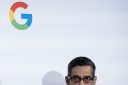 TOPSHOT - Alphabet Inc. and Google CEO Sundar Pichai speaks during the inauguration of a Google Artificial Intelligence (AI) hub in Paris on February 15, 2024. (Photo by ALAIN JOCARD / AFP via Getty Images)
