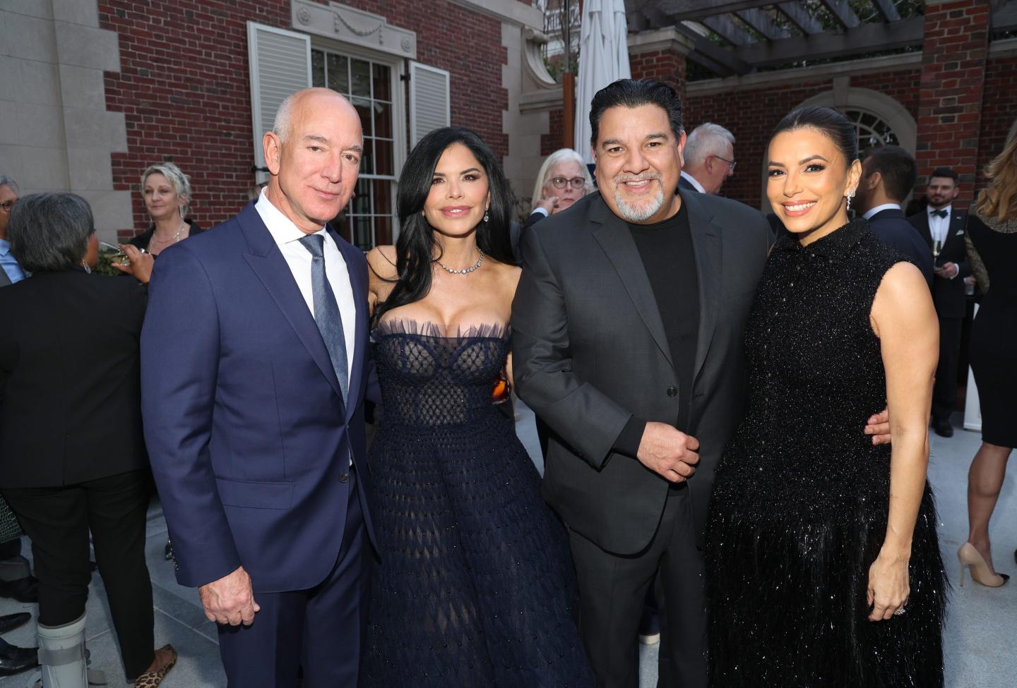 Photo of (left to right) Jeff Bezos, Lauren Sánchez, Cris Abrego, and Eva Longoria