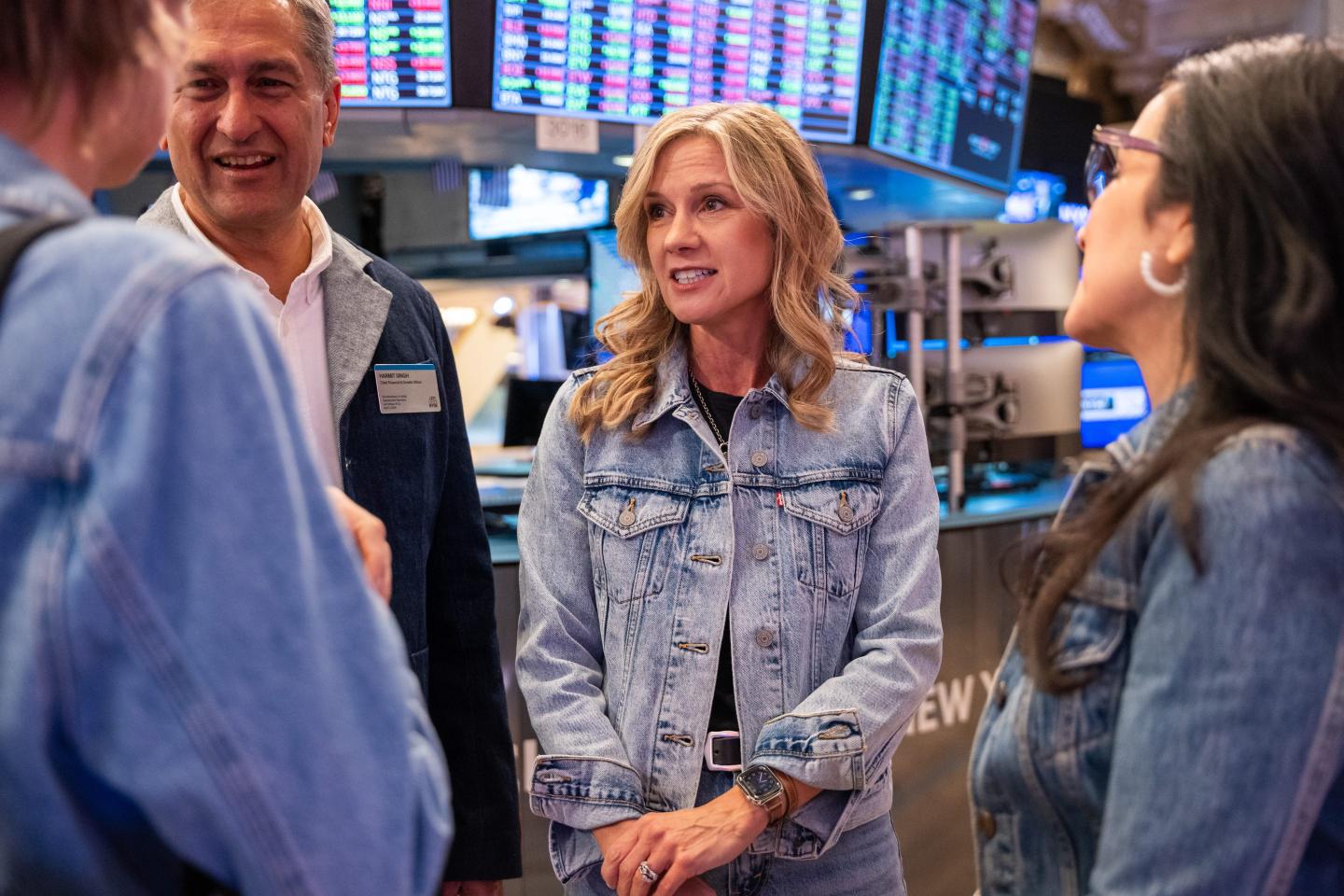 Levi Strauss &Co. CEO Michelle Gass stands on the floor of the New York Stock Exchange (NYSE) during a Levi's listing event on April 5, 2024.