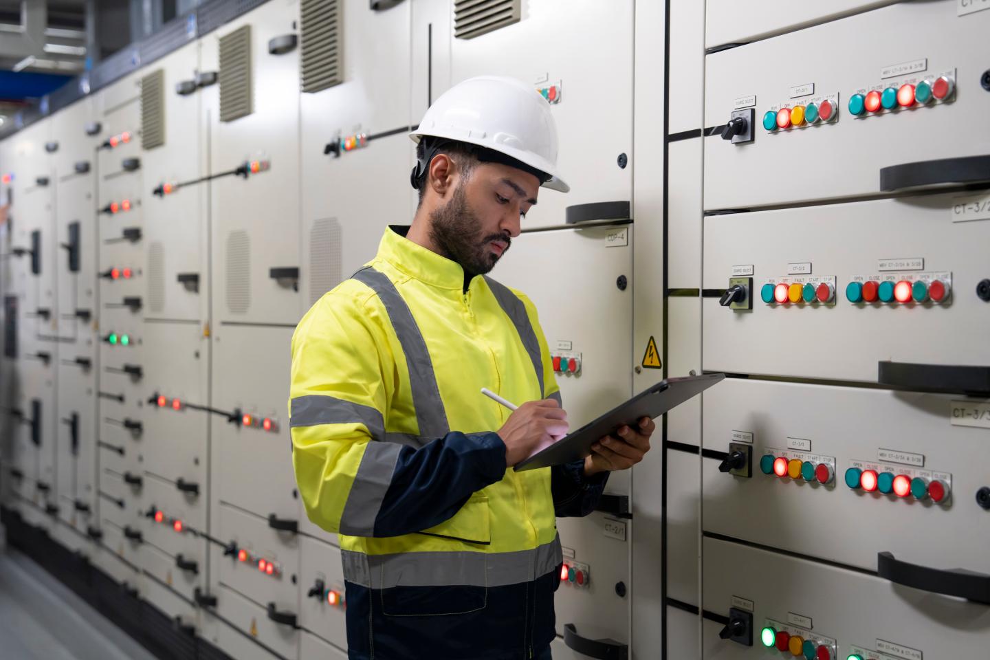 An engineer takes a reading in a control room