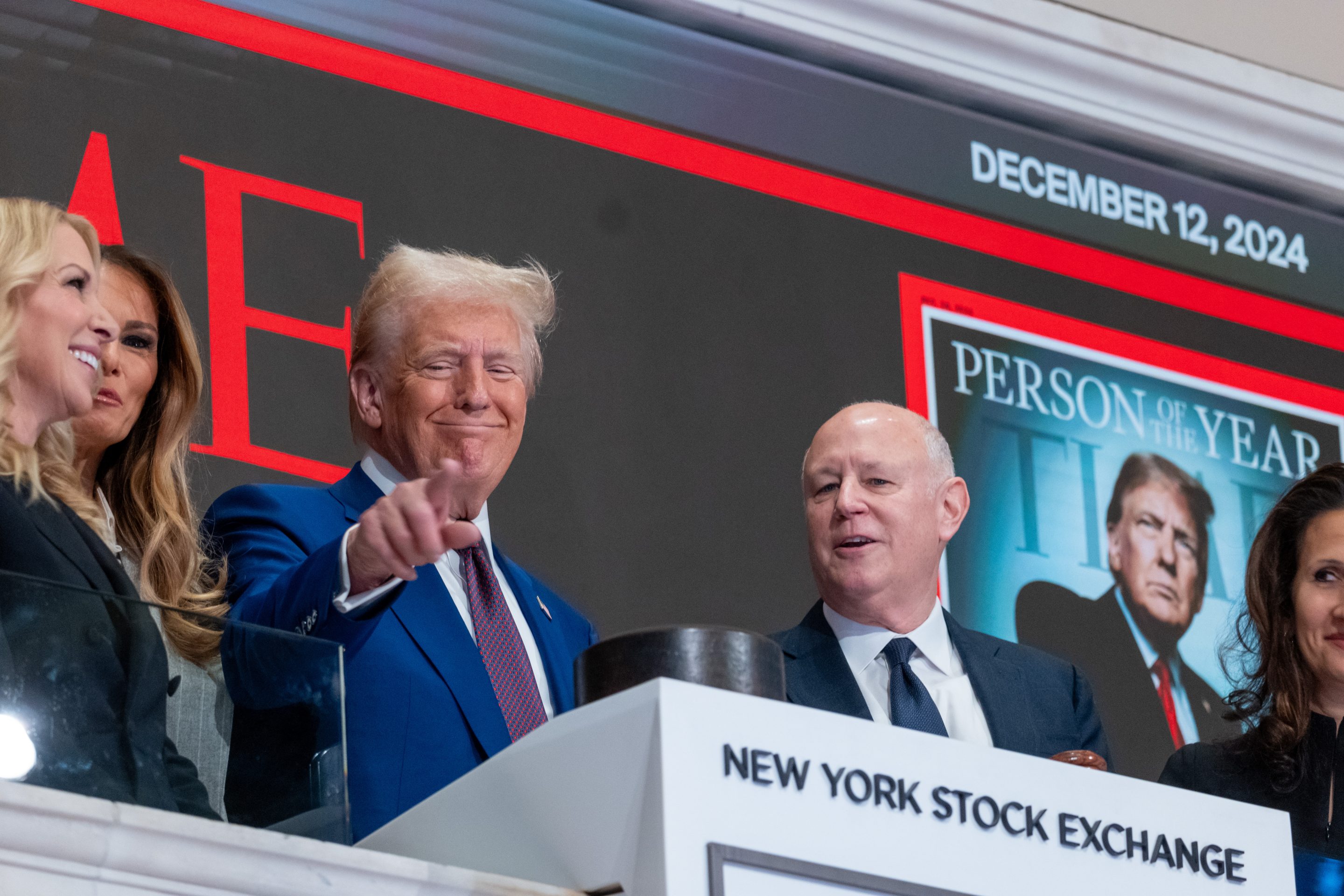 NEW YORK, NEW YORK - DECEMBER 12: President-elect Donald Trump rings the opening bell on the trading floor of the New York Stock Exchange (NYSE) on December 12, 2024 in New York City. Trump was invited to the Exchange after being named TIME’s “Person of the Year” for the second time. (Photo by Spencer Platt/Getty Images)