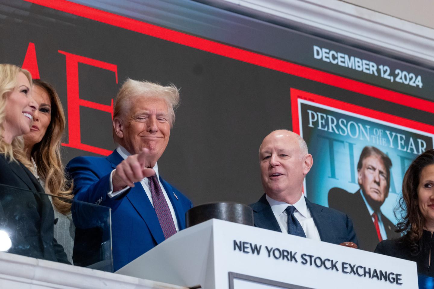 NEW YORK, NEW YORK - DECEMBER 12: President-elect Donald Trump rings the opening bell on the trading floor of the New York Stock Exchange (NYSE) on December 12, 2024 in New York City. Trump was invited to the Exchange after being named TIME’s “Person of the Year” for the second time. (Photo by Spencer Platt/Getty Images)
