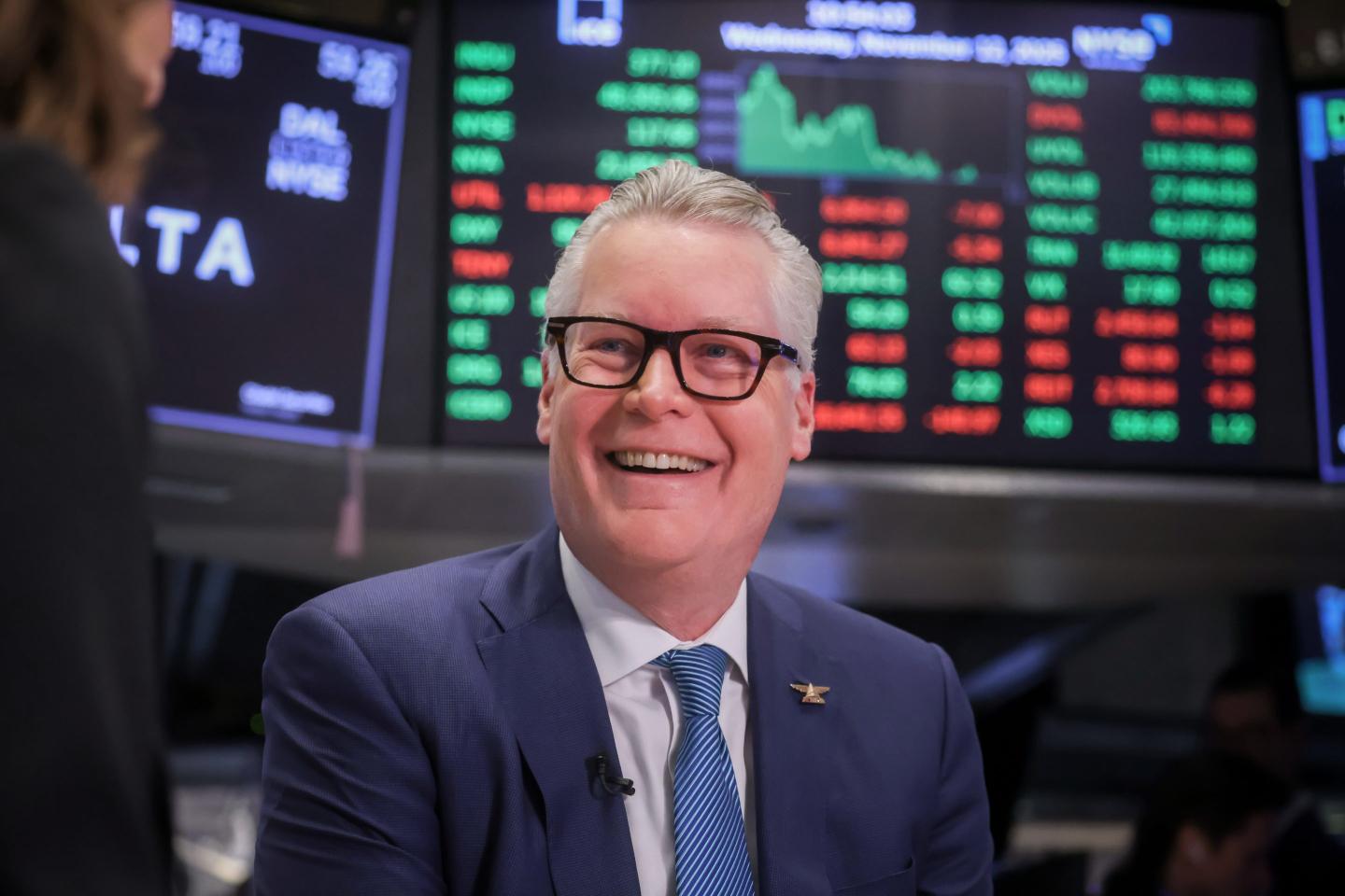 Delta CEO Ed Bastian on the floor of the New York Stock Exchange in New York on Nov. 12, 2025.