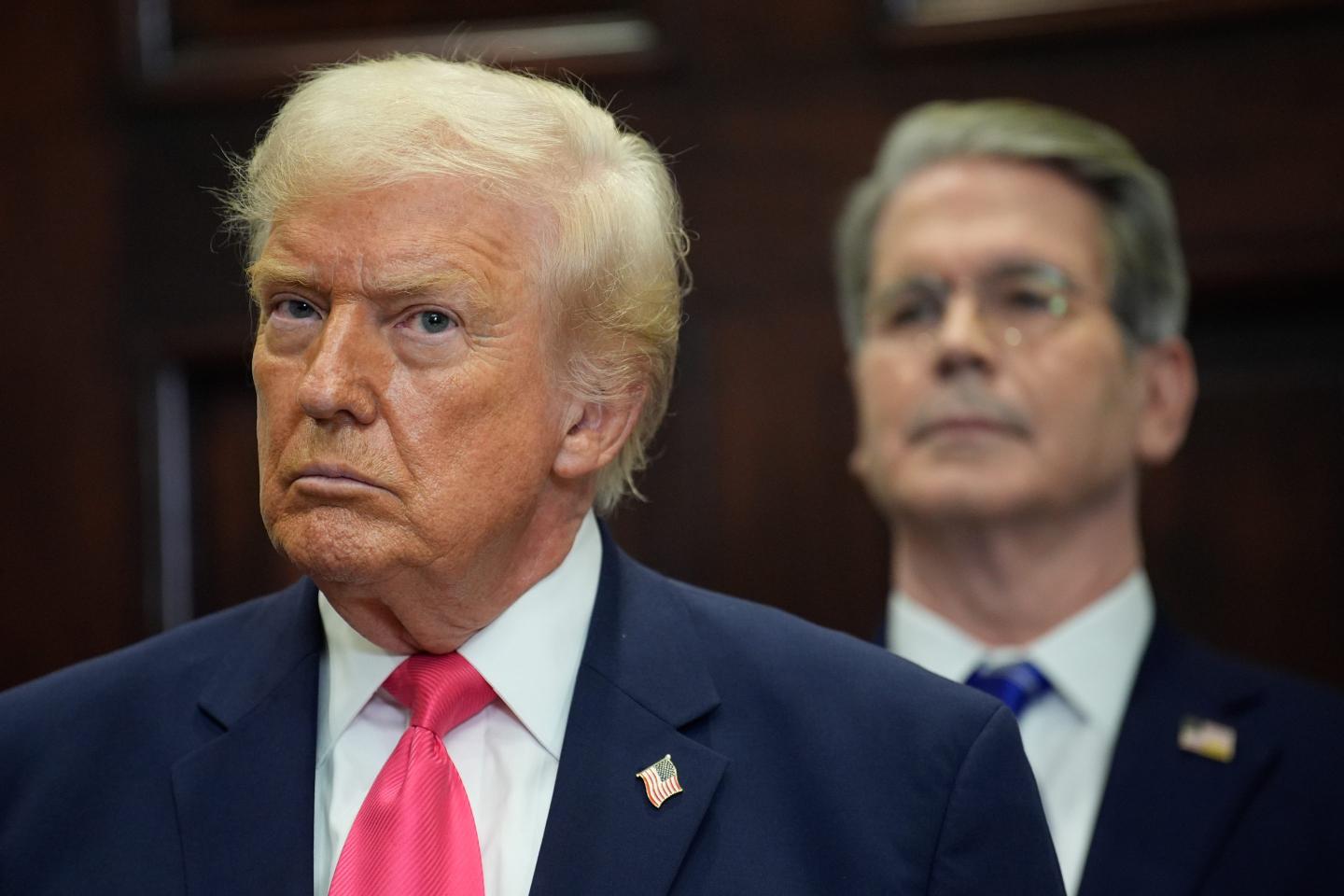 US President Donald Trump, left, and Scott Bessent, US treasury secretary,