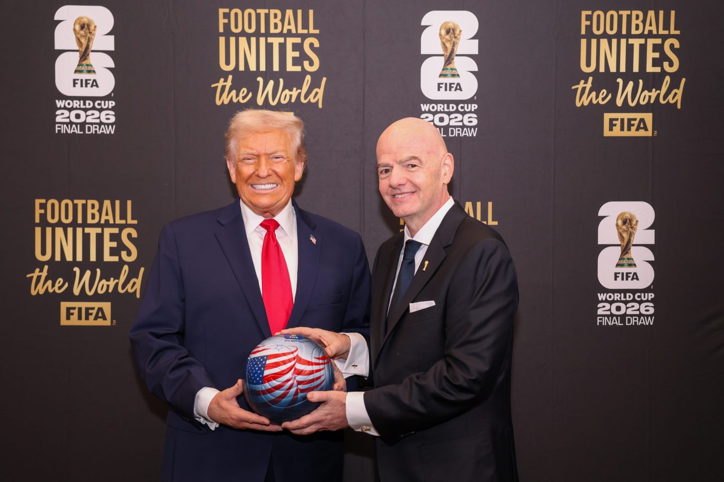 WASHINGTON, DC - DECEMBER 5: FIFA President Gianni Infantino poses for a photo with U.S. President Donald Trump ahead of the FIFA World Cup 2026 official draw at John F. Kennedy Center for the Performing Arts on December 5, 2025 in Washington, DC. (Photo by Tasos Katopodis - FIFA/FIFA via Getty Images)