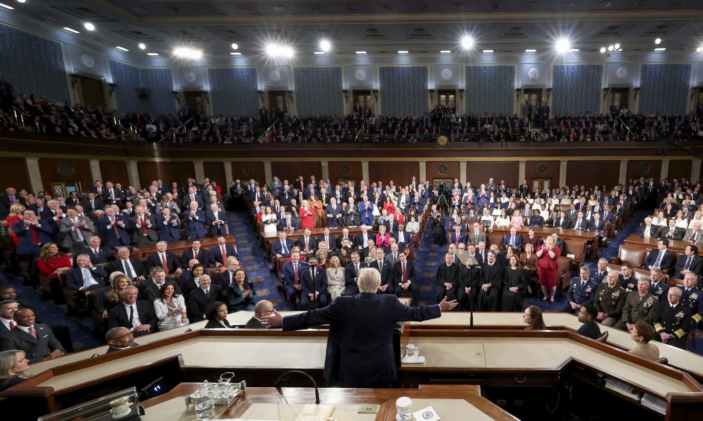 President Donald Trump delivers the State of the Union address during a joint session of Congress at the Capitol on February 24, 2026 in Washington, DC.