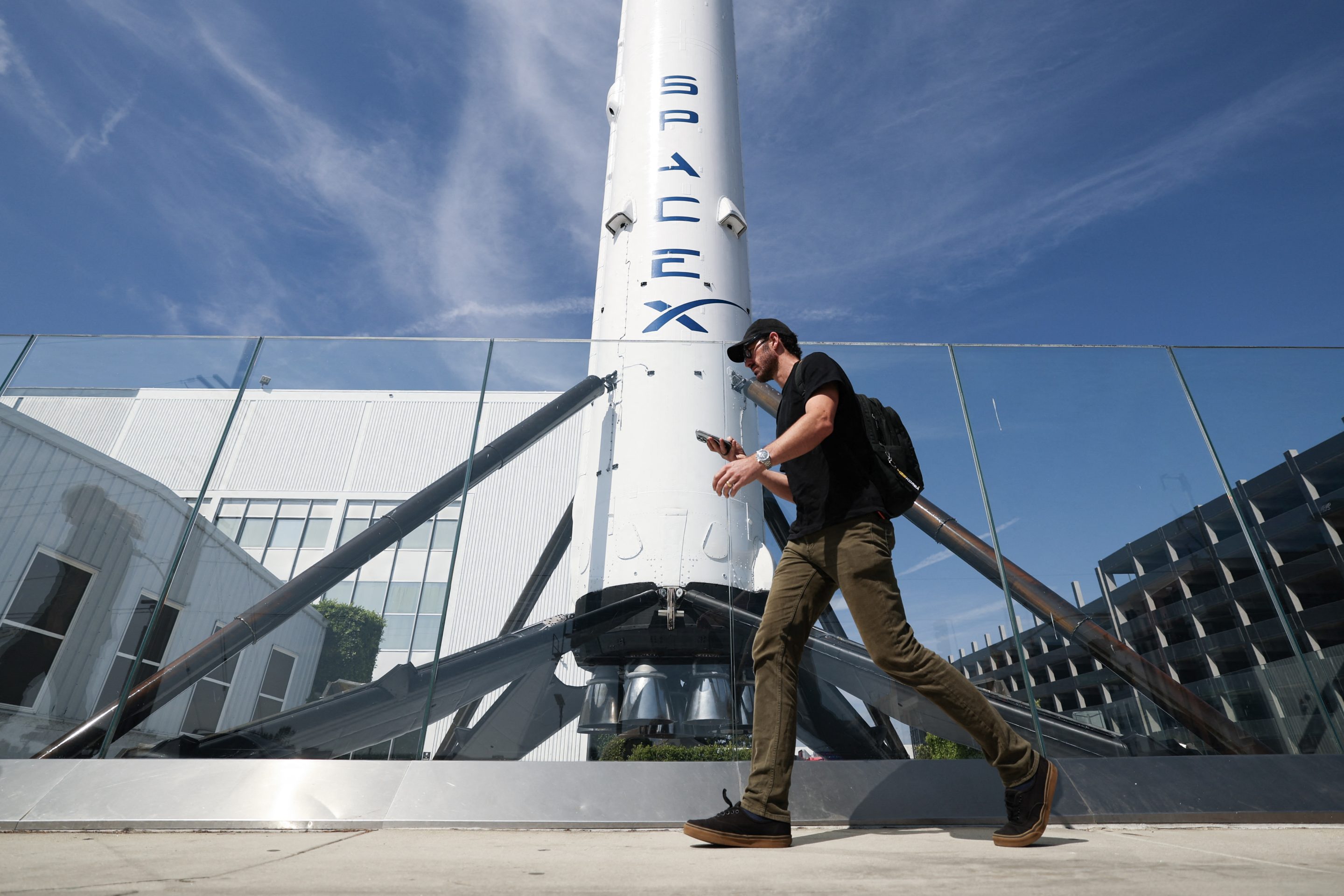 A SpaceX Falcon 9 rocket is displayed outside a Space Exploration Technologies Corp. facility in Hawthorne, California.