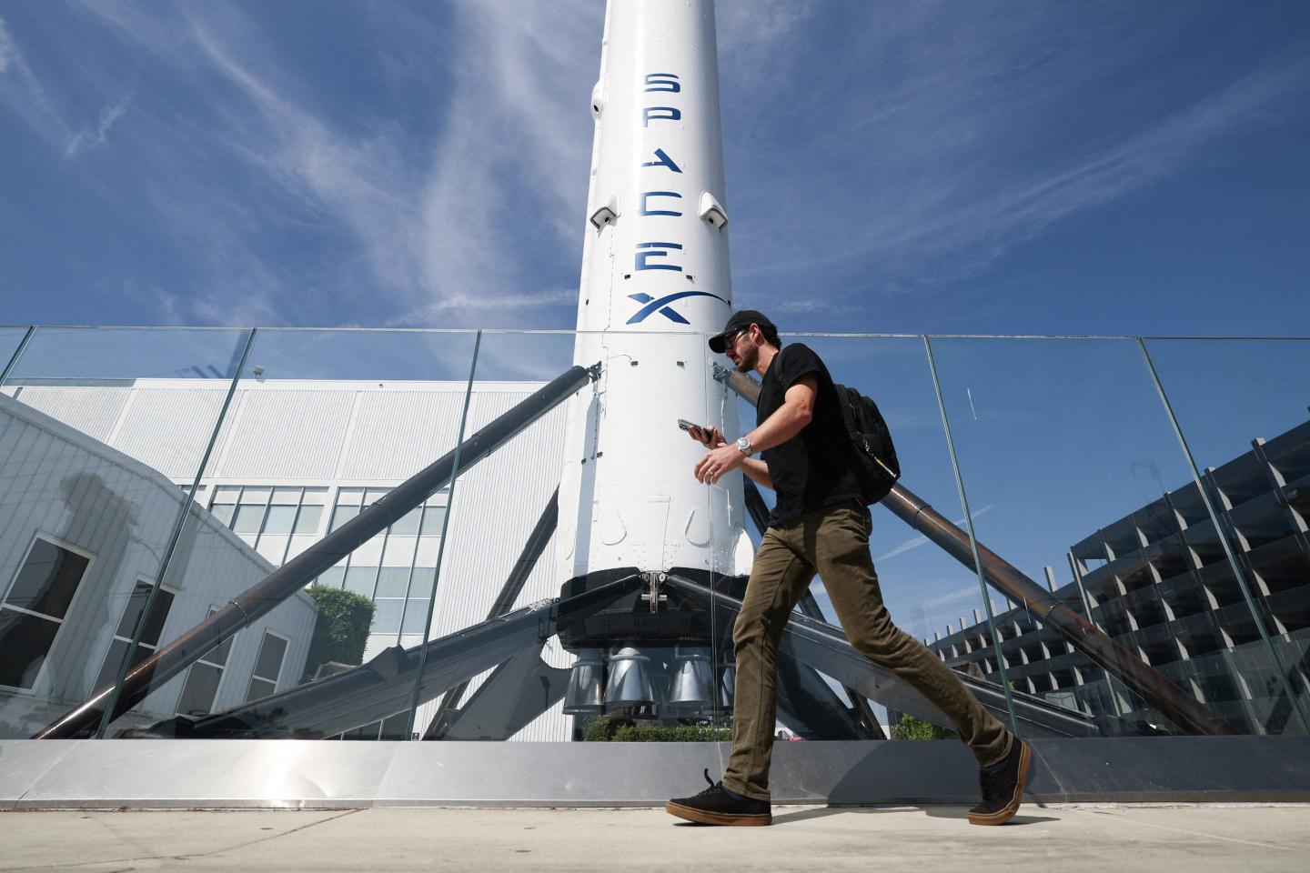 A SpaceX Falcon 9 rocket is displayed outside a Space Exploration Technologies Corp. facility in Hawthorne, California.