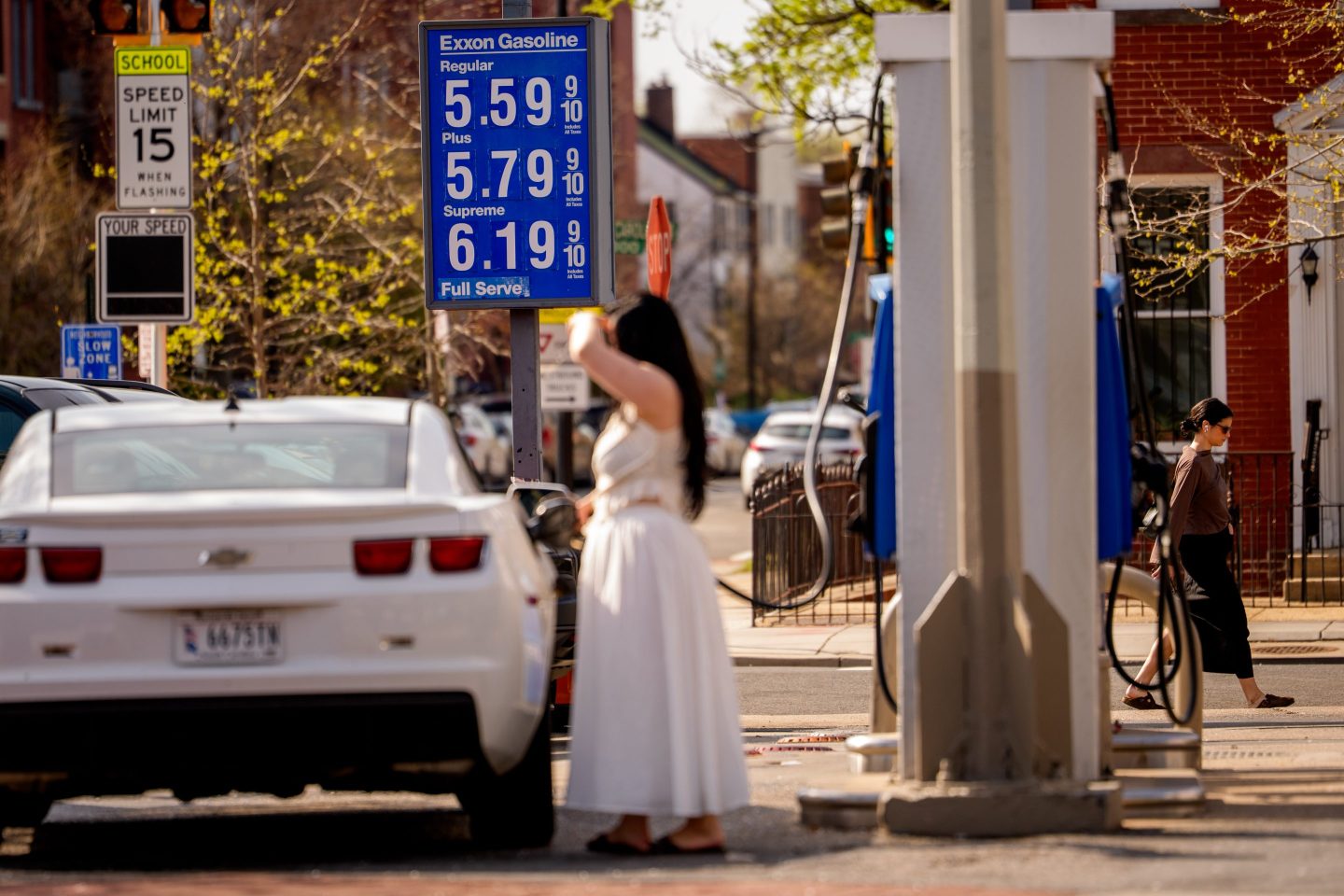 Gas prices over five dollars a gallon are displayed at an Exxon gas station near the U.S. Capitol Building on March 31, 2026 in Washington, DC.