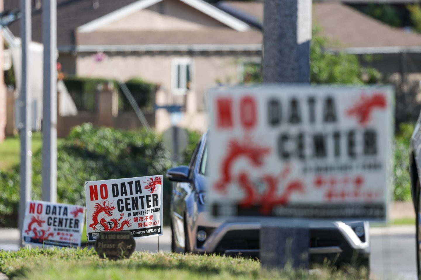 Signs opposing a proposed data center in Monterey Park, CA.