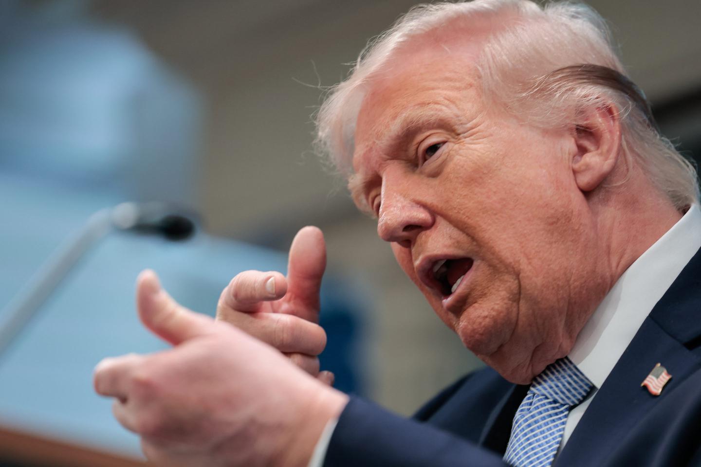 US President Donald Trump gestures as he speaks about the conflict in Iran in the James S. Brady Press Briefing Room of the White House on April 6, 2026, in Washington, DC.