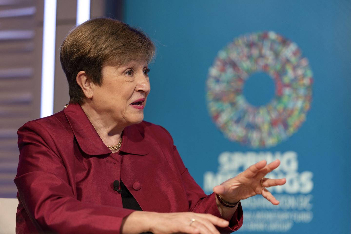 IMF Managing Director Kristalina Georgieva speaks during an interview after delivering a curtain-raiser address ahead of the 2026 Spring Meetings at IMF headquarters in Washington, DC, on April 9, 2026.