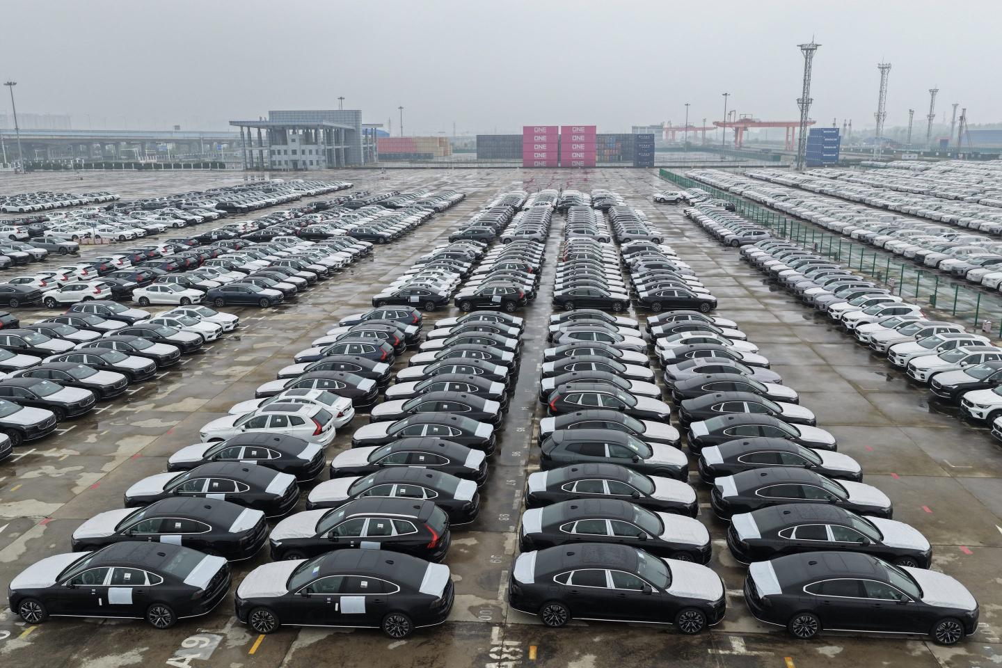 Volvo vehicles awaiting export at the port in Nanjing, in China's eastern Jiangsu province on April 14, 2026.