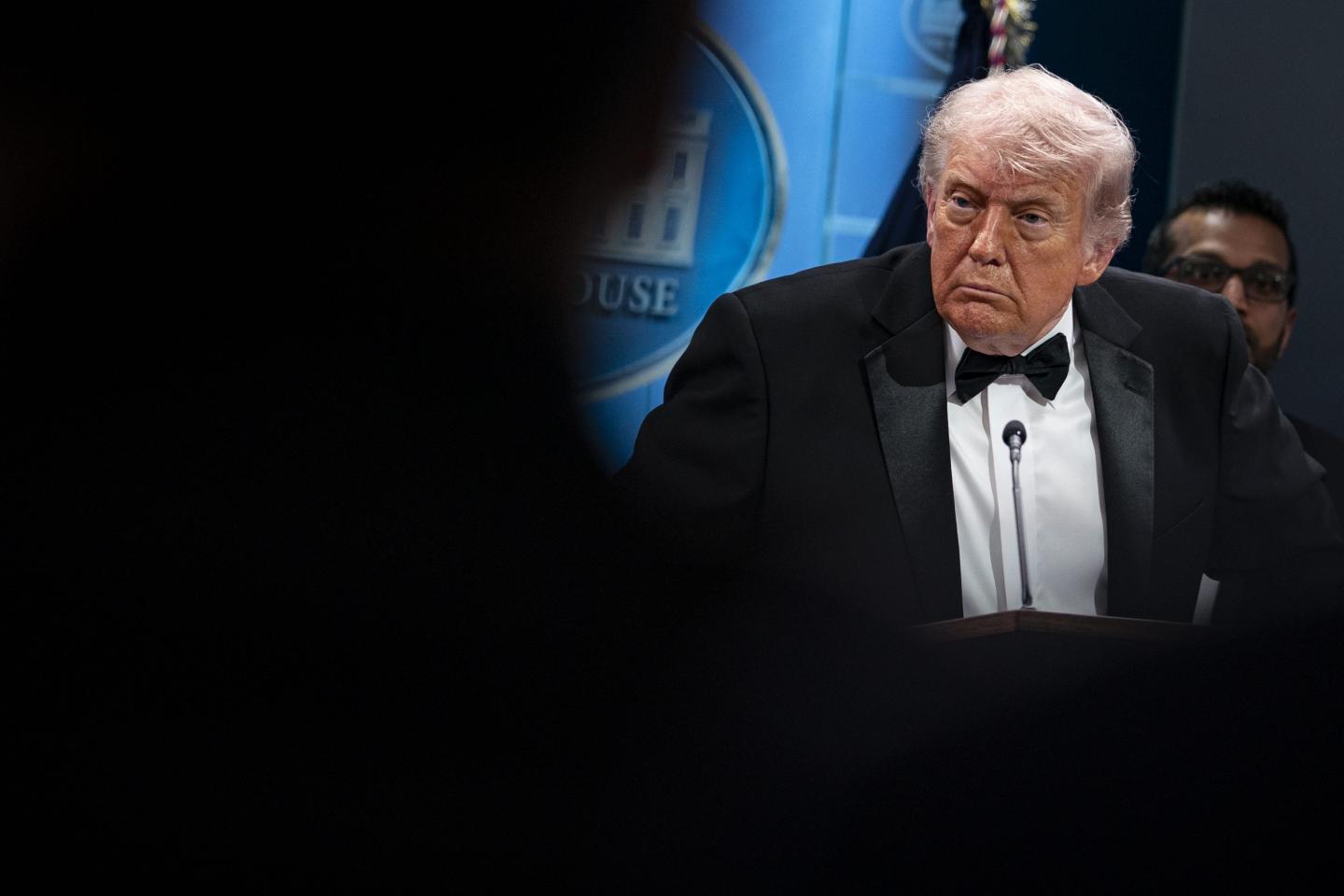 U.S. President Donald Trump listens during a press conference in the Brady Briefing Room of the White House on April 25, 2026 in Washington, DC.