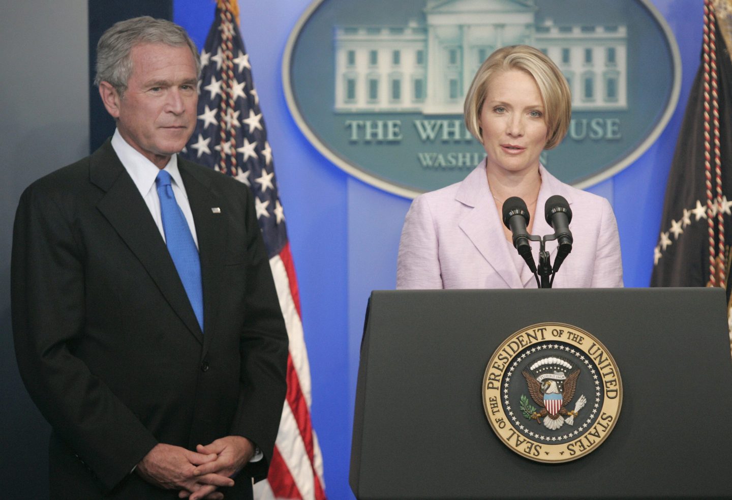 George W. Bush in the White House press briefing room with Dana Perino