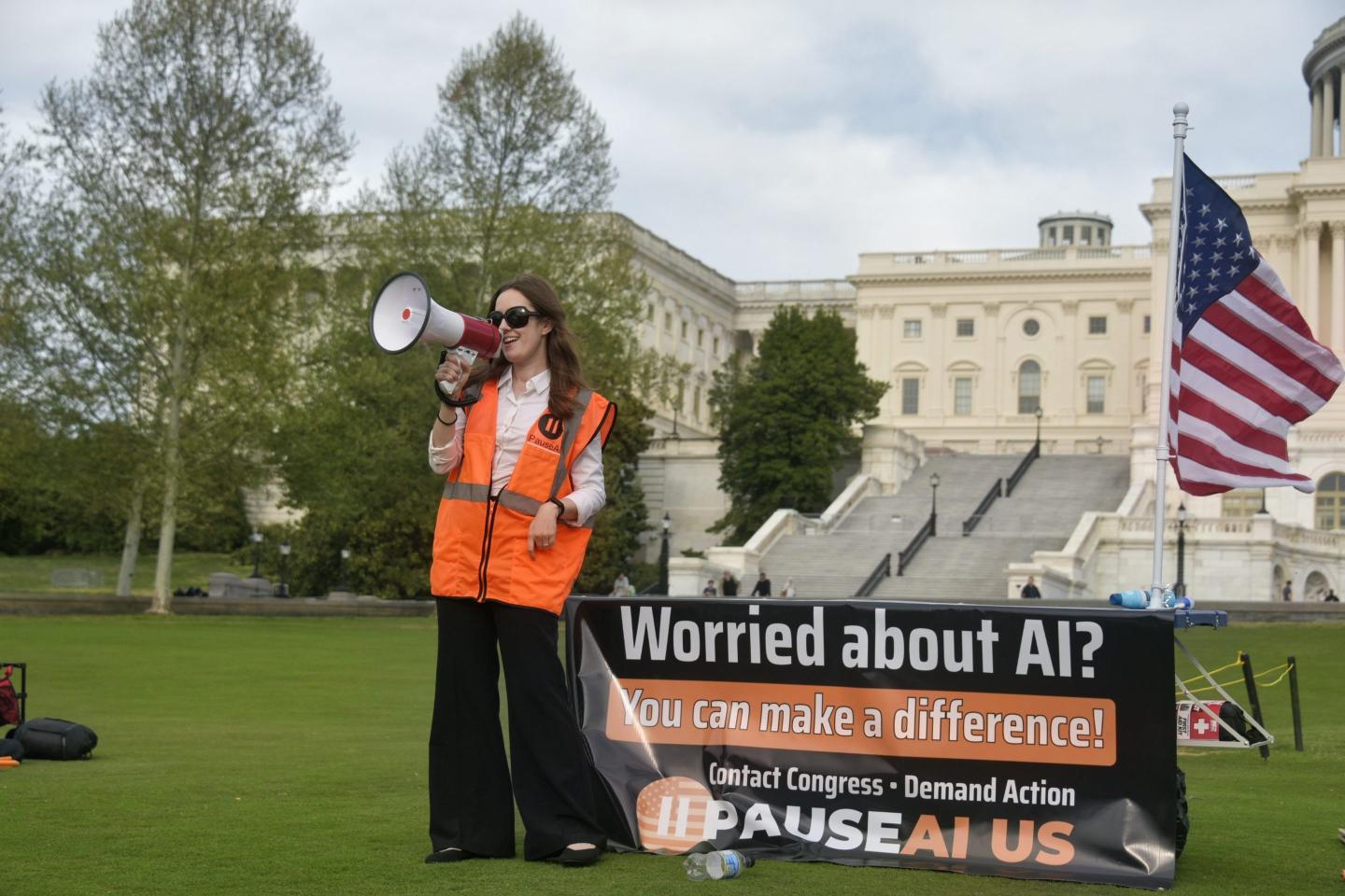 Holly Elmore, founder and executive director of PauseAI US, at a recent demonstration on Capitol Hill.