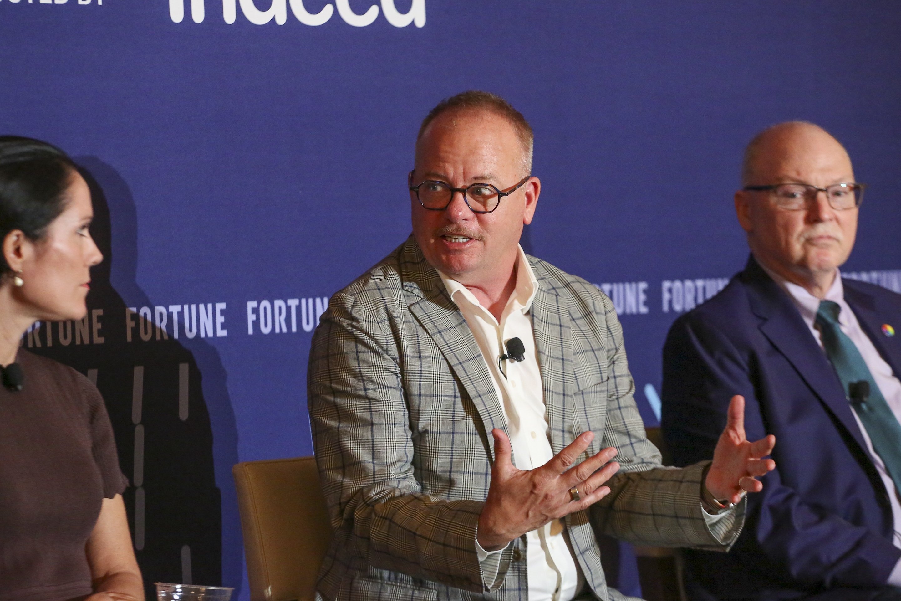 From left: Maggie Hulce, Chief Revenue Officer, Indeed; Jeff DeGraff, Dean of Innovation, University of Michigan; and Beck Bailey, Global Chief Diversity Officer, Accenture, speak at Fortune's Workplace Innovation Summit.