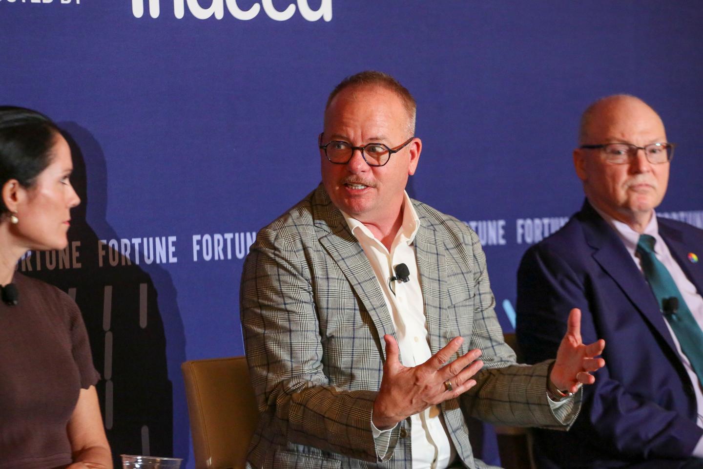 From left: Maggie Hulce, Chief Revenue Officer, Indeed; Jeff DeGraff, Dean of Innovation, University of Michigan; and Beck Bailey, Global Chief Diversity Officer, Accenture, speak at Fortune's Workplace Innovation Summit.