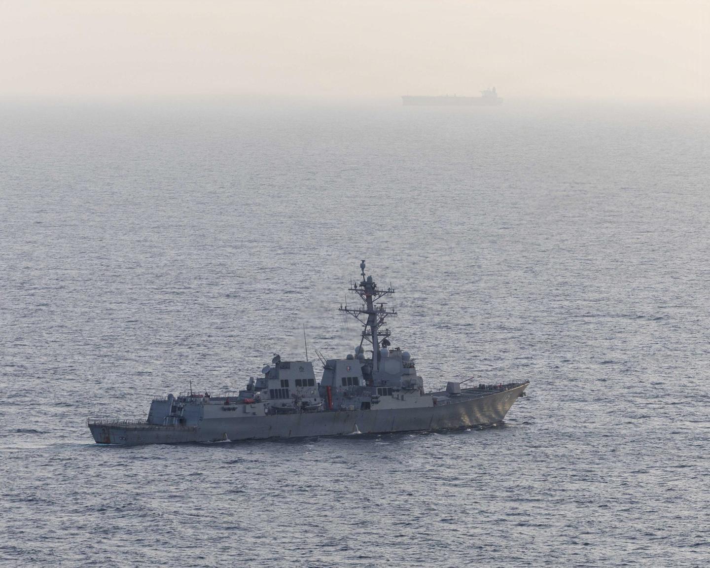 guided-missile destroyer USS Rafael Peralta (DDG 115) patrols the Arabian Sea during a maritime blockade against ships entering or exiting Iranian ports and coastal areas, April 15, 2026. 