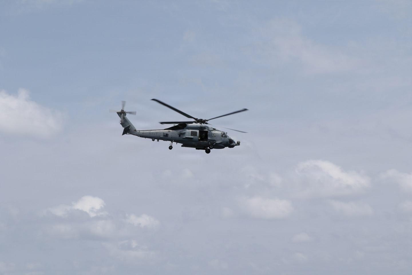 U.S.S. Pinckney (DDG 91) conducts U.S. blockade operations in the Indian Ocean on April 17. The Pinckney’s embarked air assets include MH-60 helicopters. 