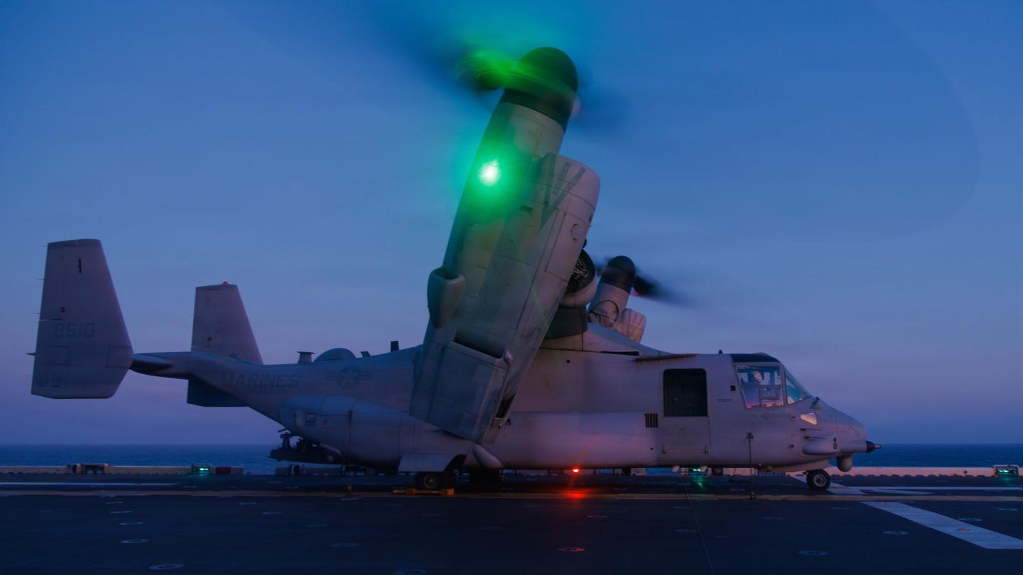 A U.S. Marine Corps MV-22B Osprey assigned to Marine Medium Tiltrotor Squadron (VMM) 265 (Rein.), 31st Marine Expeditionary Unit, prepares to lift off of the forward-deployed amphibious assault ship USS Tripoli (LHA 7), during flight operations in the U.S. Central Command area of responsibility, May 13, 2026.